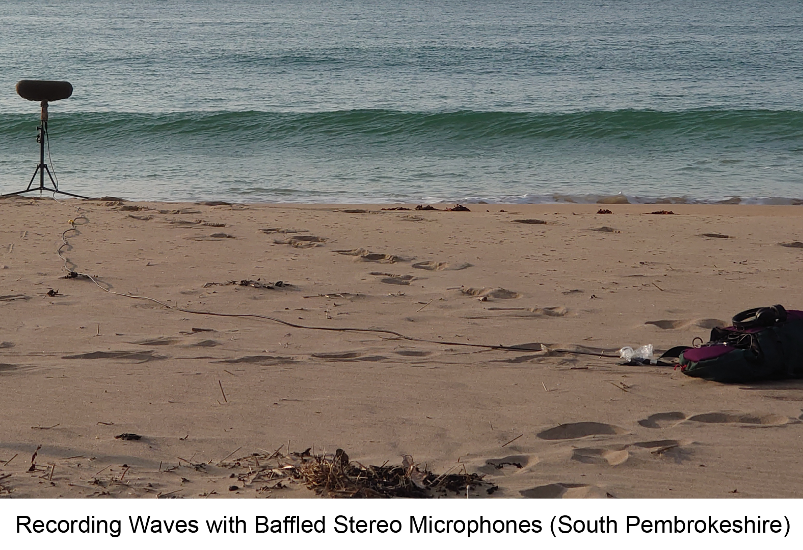 photo of recording waves with stereo microphone setup in Pembrokeshire